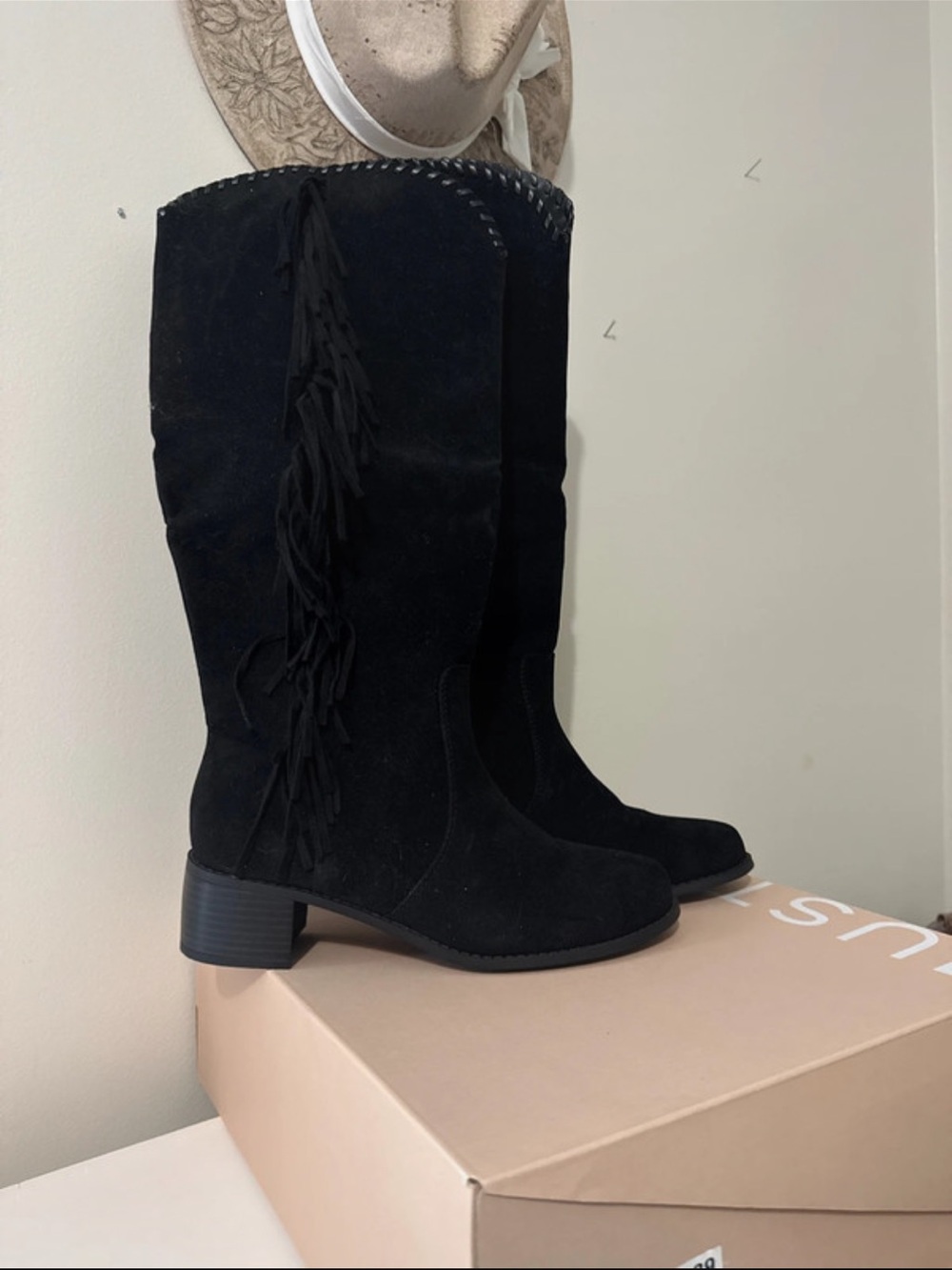 JustFab Black Suede-Look Fringe Knee-High Boots